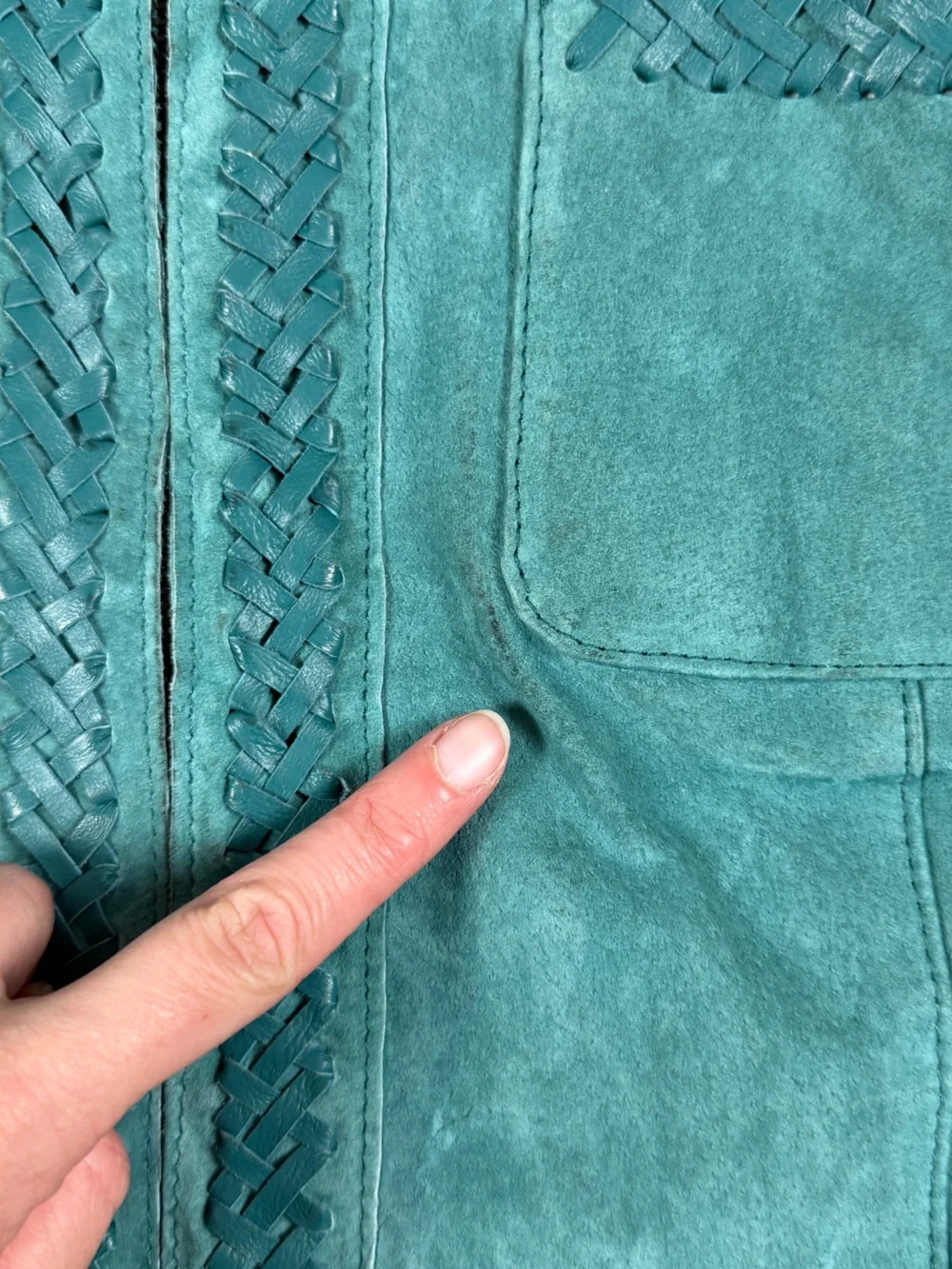 Y2K Bradley Teal Blue Suede Leather Jacket Women’s M Mandarin Collar Woven Trim - Picture 9 of 16